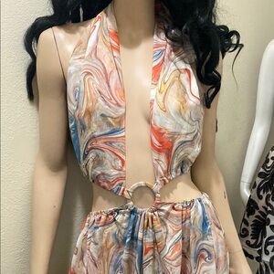 Luxxel Swirl Pattern Halter Dress with Ring Accent